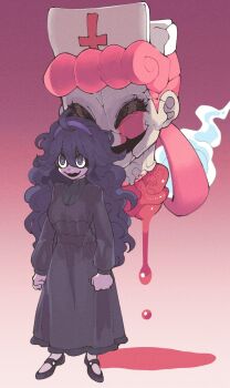 @_@ ahoge alternate_breast_size_(larger) black_dress blank_eyes breasts clenched_hands creepy curly_hair dress fakemon ghost gradient_background hair_between_eyes hairband hex_maniac_(pokemon) hex_maniac_(pokemon_xy) highres horror_(theme) inkerton-kun joy_(pokemon) long_dress long_hair looking_ahead messy_hair nintendo nurse pokemon pokemon_(anime) pokemon_(classic_anime) pokemon_clover pokemon_xy purple_hair purple_hairband shoes smile standing sweater turtleneck turtleneck_sweater unjoy_(poclo) wavy_hair