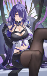 Rule 34 | 1girl, acheron (honkai: star rail), black choker, black gloves, black pantyhose, black shorts, breasts, catsmoon, choker, cleavage, collarbone, commentary, criss-cross halter, elbow gloves, feet out of frame, gloves, hair ornament, halterneck, hand up, highres, honkai: star rail, honkai (series), large breasts, long hair, looking at viewer, midriff, navel, pantyhose, purple eyes, purple hair, short shorts, shorts, single bare shoulder, sitting, smile, solo, thighs, very long hair