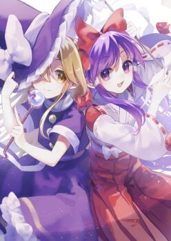 2girls blonde_hair bow detached_sleeves dress gohei hair_bow hair_tubes hakama hakama_pants hakurei_reimu hakurei_reimu_(pc-98) hat hat_bow highres holding holding_gohei japanese_clothes kimono kirisame_marisa kirisame_marisa_(pc-98) long_hair long_sleeves miko multiple_girls nontraditional_miko open_mouth orb pants purple_dress purple_eyes purple_hair purple_hat red_bow red_hakama ribbon-trimmed_clothes ribbon-trimmed_sleeves ribbon_trim skirt smile toori_sototo touhou touhou_(pc-98) wand wide_sleeves witch_hat yellow_eyes