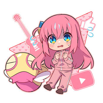 1girl aqua_eyes blush bocchi_the_rock! brown_shoes chibi closed_mouth commentary commentary_request crossover dunsparce electric_guitar flying_sweatdrops full_body gen_2_pokemon gibson_les_paul gotoh_hitori guitar heart highres instrument jacket kuxiaopa long_sleeves nintendo open_mouth outline pants pink_jacket pink_pants pink_track_suit pokemon pokemon_(creature) shoes simple_background solo sweatdrop thumbs_up track_jacket track_pants track_suit white_background youtube_logo