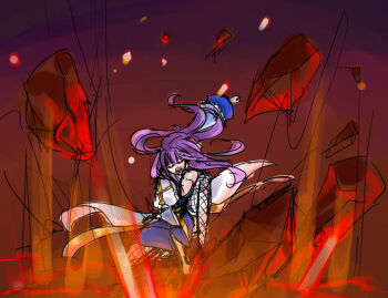 1girl arch_bishop_(ragnarok_online) blue_dress breasts cleavage cleavage_cutout clothing_cutout commentary_request cross dress fishnet_thighhighs fishnets floating_hair full_body juliet_sleeves large_breasts long_hair long_sleeves looking_at_viewer on_one_knee open_mouth puffy_sleeves purple_hair ragnarok_online red_eyes shouting solo superhero_landing thighhighs toriria two-tone_dress white_dress white_thighhighs