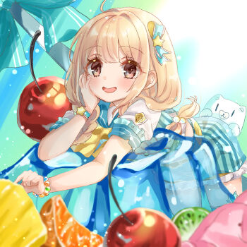 1girl :d ahoge blue_bow blue_dress blue_sailor_collar blurry blurry_foreground bow braid brown_eyes cherry commentary_request depth_of_field dress food frilled_dress frills fruit futaba_anzu hair_ornament highres idolmaster idolmaster_cinderella_girls idolmaster_cinderella_girls_starlight_stage in_food kiwi_(fruit) kiwi_slice long_hair looking_at_viewer low_twintails mini_person minigirl open_mouth puffy_short_sleeves puffy_sleeves rino_cnc sailor_collar shirt short_sleeves smile solo star_(symbol) star_hair_ornament striped_clothes striped_dress twin_braids twintails vertical-striped_clothes vertical-striped_dress very_long_hair white_shirt