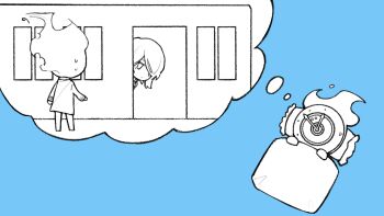 1girl 1other blanket blue_background chibi chibi_only clock commentary dante_(limbus_company) dated_commentary dreaming faust_(project_moon) fire flaming_head greyscale_with_colored_background hands_up highres ivy_(675671) limbus_company mephistopheles_(project_moon) object_head peeking_out pillow project_moon short_hair simple_background speech_bubble sweat symbol-only_commentary thought_bubble