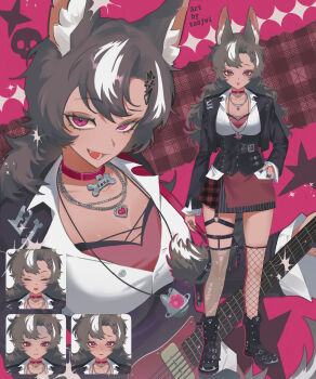 1girl absurdres animal_ear_fluff animal_ears artist_name asymmetrical_legwear black_hair black_nails breasts chain chain_necklace choker cleavage dark-skinned_female dark_skin eyeliner fishnet_thighhighs fishnets full_body garter_straps guitar highres instrument jewelry large_breasts looking_at_viewer makeup mismatched_legwear multicolored_hair multiple_expressions multiple_rings multiple_views necklace original pink_eyes ring sparkle streaked_hair tail tanjwi thighhighs tongue tongue_out torn_clothes torn_thighhighs white_hair wolf_ears wolf_girl wolf_tail