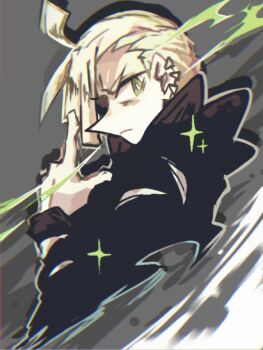 1boy 20_(1more_surren) blonde_hair cropped_torso ear_piercing from_side gladion_(pokemon) green_eyes grey_background highres looking_at_viewer male_focus nintendo piercing pokemon pokemon_sm solo sparkle torn_clothes