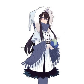 Rule 34 | 1girl, black hair, blue eyes, blue pantyhose, blue scarf, breasts, capelet, clione ice, coat, cup, fur-trimmed coat, fur trim, hair between eyes, half-closed eyes, holding, holding cup, hood, hooded coat, long hair, long sidelocks, looking at viewer, pantyhose, scarf, sidelocks, uchako, uchi no hime-sama ga ichiban kawaii, white capelet, white coat