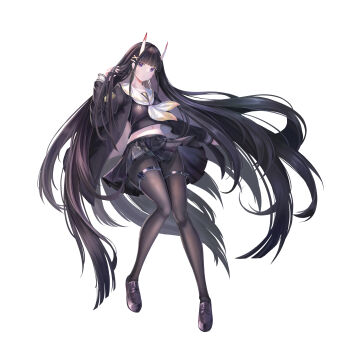 1girl absurdres azur_lane birds-mix black_cardigan black_hair black_pantyhose black_shoes black_skirt breasts cardigan commentary_request full_body hair_ornament hairclip highres horns long_hair long_sleeves looking_at_viewer medium_breasts midriff_peek neckerchief noshiro_(azur_lane) oni pantyhose pleated_skirt purple_eyes sailor_collar school_uniform shoes simple_background skin-covered_horns skirt solo thigh_strap very_long_hair white_background white_neckerchief white_sailor_collar x_hair_ornament