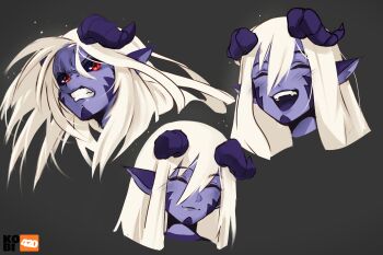 1girl absurdres angry artist_logo artist_name blonde_hair blush broken_horn clenched_teeth closed_eyes closed_mouth colored_skin commentary commission demon_girl english_commentary grey_background hair_between_eyes highres horns kobi420 logo long_hair looking_to_the_side multiple_views open_mouth original pointy_ears portrait purple_horns purple_skin red_eyes simple_background teeth upper_teeth_only veins