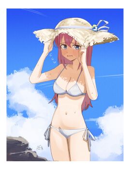 1girl absurdres bikini blue_eyes blush bocchi_the_rock! breasts brown_hair chinese_commentary cloud commentary_request cowboy_shot day gotoh_hitori haidao_mao hair_between_eyes hat highres large_breasts long_hair navel open_mouth outdoors outside_border pink_hair solo stomach sun swimsuit white_background white_bikini