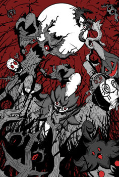 @_@ brambleghast bramblin commentary_request decidueye dhelmise fangs forest full_moon gen_6_pokemon gen_7_pokemon gourgeist highres limited_palette moon nature nintendo one-eyed onigiri_debu open_mouth outdoors phantump pokemon pokemon_(creature) pokemon_focus poltchageist pumpkaboo sinistcha smile spiral-only_eyes thorns trait_connection trevenant