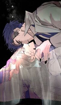 2boys black_eyes black_hair black_nails black_necktie black_shirt black_vest boy_on_top clenched_teeth coat collared_shirt colored_veins curtained_hair demon_horns hair_between_eyes hand_on_another&#039;s_neck highres horns kim_dokja looking_at_another lying male_focus multiple_boys necktie noses_touching omniscient_reader&#039;s_viewpoint on_back open_clothes open_coat paradero_91 scar scar_across_eye scar_on_face secretive_plotter shirt short_hair sky space star_(sky) starry_sky teeth veil vest white_coat white_shirt yellow_eyes yoo_joonghyuk