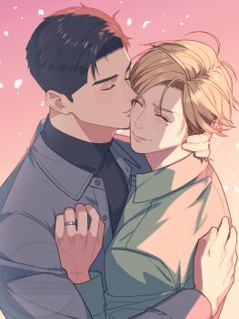 Rule 34 | 2boys, arms up, black shirt, blonde hair, blue shirt, brown hair, closed eyes, closed mouth, collared shirt, commentary request, couple, dion lesage, final fantasy, final fantasy xvi, gradient background, green shirt, hand on another's neck, hasuha makoto, highres, jewelry, kiss, male focus, multiple boys, open clothes, open shirt, parted hair, ring, shirt, short hair, short sideburns, smile, terrence (ff16), turtleneck, upper body, watermark, wedding ring, wing collar, yaoi