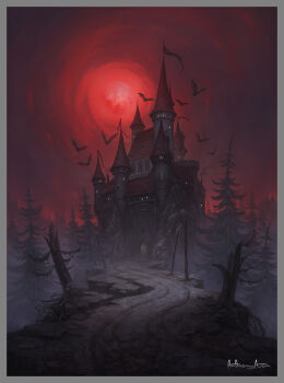 Rule 34 | anthony avon, artist name, border, castle, full moon, grey border, monster, moon, night, no humans, original, outdoors, red moon, scenery, tower, tree