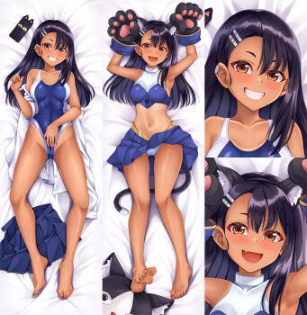 1girl animal_ear_fluff animal_ears animal_hands armpits arms_up barefoot black_hair black_tail blue_panties blue_skirt blush breasts brown_eyes cameltoe cat_ears cat_mask cat_tail cellphone cheerleader clothes_lift commentary_request competition_swimsuit cuddly_octopus dakimakura_(medium) fake_animal_ears fake_tail fang full_body gloves grin hair_ornament hairclip ijiranaide_nagatoro-san long_hair looking_at_viewer lying mask midriff multiple_views nagatoro_hayase navel on_back one-piece_swimsuit one-piece_tan open_mouth panties parallel_hairclips paw_gloves phone pleated_skirt shirt skirt skirt_lift sleeveless small_breasts smartphone smile suzu_miya swimsuit tail tan tanline underwear unworn_mask unworn_skirt white_shirt