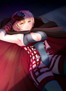 1girl arm_up armpits blonde_hair breasts cleavage cleavage_cutout cloak closed_mouth clothing_cutout commentary_request covered_navel cowboy_shot expressionless gloves grey_leotard grey_thighhighs hair_between_eyes hanakaoka_okaka highres large_breasts leotard looking_at_viewer lying on_back on_ground ragnarok_online red_cloak red_eyes red_gloves shadow_cross_(ragnarok_online) short_hair sideless_leotard solo thighhighs