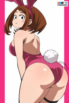 1girl animal_ear_hairband animal_ears artist_name ass bluesky_logo boku_no_hero_academia breasts brown_eyes brown_hair closed_mouth fake_animal_ears fake_tail hairband highleg highleg_leotard large_breasts leotard looking_at_viewer looking_back patreon_logo pink_leotard pixiv_logo playboy_bunny pout rabbit_ear_hairband rabbit_ears rabbit_tail solo tail thigh_strap tsuranukko twitter_x_logo uraraka_ochako