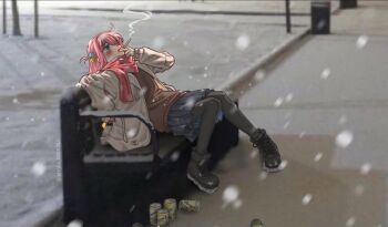 1girl ahoge beer_bottle bench black_boots black_thighhighs blue_eyes blue_skirt blurry blurry_background bocchi_the_rock! boots brown_sweater cigarette coat cube_hair_ornament full_body gotoh_hitori hair_ornament holding holding_cigarette leaning_back long_hair non-web_source open_clothes open_coat photo_background pink_hair sitting skirt smoking snow snowing solo sweater thighhighs white_coat