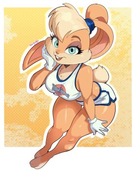 1girl :3 absurdres aqua_eyes artist_name barefoot bent_over blue_trim border breasts clothes_writing commentary crop_top full_body furry furry_female gloves hand_on_own_cheek hand_on_own_face highres lola_bunny looking_at_viewer looney_tunes master67silver medium_breasts open_mouth orange_fur outline outside_border rabbit_girl shorts sleeveless solo space_jam tank_top white_border white_gloves white_outline white_shorts white_tank_top yellow_background