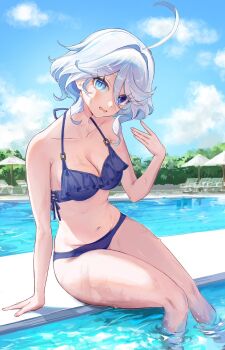 1girl ahoge bare_shoulders bikini blue_bikini blue_eyes blue_hair blue_sky breasts cajkhu9znz31769 cleavage commentary_request furina_(genshin_impact) genshin_impact heterochromia highres huge_ahoge looking_at_viewer medium_breasts navel outdoors parted_lips pool poolside short_hair sky solo stomach swimsuit thighs
