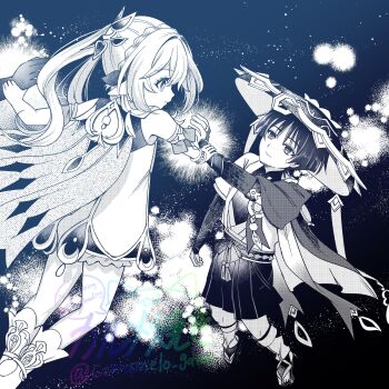 1boy 1girl anklet arm_at_side arm_up armlet armor arms_at_sides bell belt bloomers blunt_ends bodysuit bow bracelet braid bridal_gauntlets cape caramelo_game closed_mouth clothing_cutout crown_braid detached_sleeves dress eyelashes feathers gem genshin_impact greyscale hair_ornament hakama hakama_shorts hat highres hip_vent holding_another's_wrist japanese_armor japanese_clothes jewelry jingasa kote layered_sleeves leaf leaf_hair_ornament leg_warmers long_hair looking_at_another mandarin_collar middle_ring monochrome nahida_(genshin_impact) pleated_shorts pointy_ears pom_pom_(clothes) rope sandals scaramouche_(genshin_impact) short_dress short_sleeves shorts side_cape side_ponytail sidelocks sideways_mouth smile socks stirrup_footwear stirrup_legwear tareme tassel toeless_legwear toes tsurime twitter_username underwear vision_(genshin_impact) wanderer_(genshin_impact) watermark wispy_bangs zouri