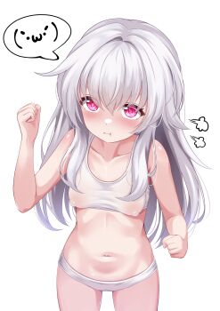 1girl blush bra chi_xiao clara_(honkai:_star_rail) dress emoticon grey_hair highres honkai:_star_rail honkai_(series) long_hair long_sleeves looking_at_viewer navel panties pink_eyes simple_background solo underwear white_background white_dress