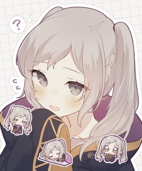 Rule 34 | 1girl, ?, aprahnicus, black robe, blush, book, chibi, closed eyes, closed mouth, commentary, english commentary, female robin (fire emblem), fire emblem, fire emblem awakening, flying sweatdrops, grey eyes, highres, hood, hood down, hooded robe, long hair, looking at viewer, nintendo, open book, open mouth, pout, robe, signature, sleeping, sleeves past wrists, twintails