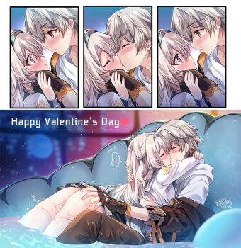 Rule 34 | 1boy, 1girl, ass, black coat, black gloves, black hairband, black pants, blue eyes, blush, caelus (honkai: star rail), closed eyes, coat, commentary, english commentary, fingerless gloves, firefly (honkai: star rail), firefly (spring missive) (honkai: star rail), gloves, grey sailor collar, hairband, hands on another's ass, happy valentine, heart, honkai: star rail, honkai (series), hug, kiss, long sleeves, looking at another, multicolored eyes, official alternate costume, pants, pleated skirt, purple eyes, sailor collar, sakurano ru, school uniform, shirt, signature, skirt, spoken heart, thighhighs, trailblazer (honkai: star rail), two-tone eyes, valentine, wading, wading pool, white shirt, white thighhighs, yellow eyes