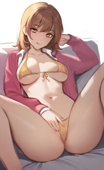 1girl :q absurdres bikini breasts brown_eyes brown_hair cardigan closed_mouth collared_shirt commentary couch english_commentary feet_out_of_frame front-tie_bikini_top front-tie_top hand_on_own_crotch highres isshiki_iroha licking_lips long_sleeves looking_at_viewer medium_breasts medium_hair meekohopanes micro_bikini navel on_couch open_cardigan open_clothes open_shirt pink_cardigan shirt simple_background sitting smile solo spread_legs stomach string_bikini swimsuit thighs tongue tongue_out white_background white_shirt yahari_ore_no_seishun_lovecome_wa_machigatteiru. yellow_bikini yellow_eyes