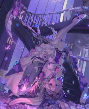 1girl arm_ribbon arm_up asymmetrical_gloves bare_shoulders black_tiara blue_butterfly bow breasts bug butterfly butterfly_earrings butterfly_hair_ornament butterfly_ornament candle candlestand castorice_(honkai:_star_rail) chandelier choker closed_mouth collarbone commentary curtains dress earrings elbow_gloves english_commentary flower flower_ornament frilled_choker frills gloves hair_bow hair_flower hair_ornament high_heels highres honkai:_star_rail honkai_(series) indoors insect jewelry kiwiteamlp legs_up long_hair looking_at_viewer low-tied_long_hair low_twintails lying medium_breasts night night_sky on_back pink_flower pink_hair pointy_ears purple_bow purple_butterfly purple_choker purple_dress purple_eyes purple_flower purple_gloves purple_sky purple_theme ribbon shoes sky sleeveless sleeveless_dress smile solo stairs star_(sky) starry_sky strapless strapless_dress thighhighs tiara twintails two-tone_dress white_bow white_dress white_shoes white_thighhighs