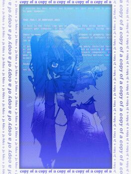 1girl absurdres blue_screen_of_death blue_theme border collared_shirt commentary damaged detached_sleeves doctorbro english_commentary english_text glitch hatsune_miku headset highres long_hair looking_at_viewer missing_eye missing_limb necktie no_mouth ringed_eyes shirt single_bare_shoulder single_detached_sleeve sleeveless sleeveless_shirt solo text_border torn_clothes torn_necktie twintails upper_body vocaloid white_border