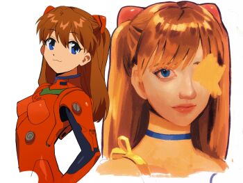 1girl 4zw89qkqagggcf7 :3 between_breasts between_legs blue_choker blue_eyes bodysuit breasts brown_hair choker closed_mouth cowboy_shot dress hair_between_eyes highres lips long_hair looking_at_viewer mecha_pilot_suit multiple_views neon_genesis_evangelion plugsuit_(evangelion) red_bodysuit shiny_clothes small_breasts souryuu_asuka_langley sundress turtleneck two_side_up white_background yellow_dress