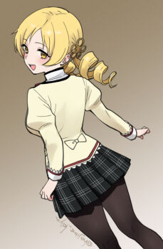 1girl :d black_pantyhose black_skirt blazer blonde_hair brown_background drill_hair from_behind gradient_background hand_on_own_hip jacket kiya_hajime long_hair long_sleeves mahou_shoujo_madoka_magica mahou_shoujo_madoka_magica_(anime) mitakihara_school_uniform open_mouth pantyhose plaid_clothes plaid_skirt school_uniform skirt smile solo tomoe_mami tongue twin_drills twintails yellow_jacket