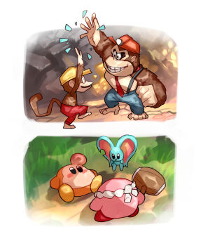 absurdres blush_stickers colored_skin copy_ability donkey_kong donkey_kong_(series) donkey_kong_bananza elfilin furry furry_male hammer_kirby head_bump high_five highres kirby kirby_(series) kirby_and_the_forgotten_land mining_helmet monkey monkey_tail necktie nintendo notched_ear orange_skin pink_skin red_necktie shiburingaru suspenders tail waddle_dee