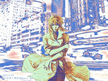 1girl absurdres aizheajsee blurry blurry_background building city coat ghost_in_the_shell highres looking_at_viewer medium_hair road solo straight-on street trench_coat