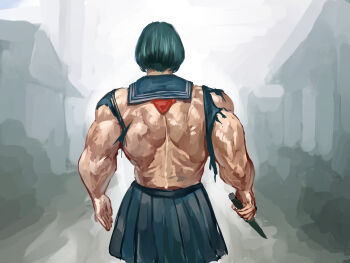 1girl absurdres alternate_muscle_size back_muscles black_hair black_sailor_collar black_serafuku black_skirt blurry blurry_background commentary_request derivative_work facing_away from_behind highres holding holding_knife katameron knife muscular muscular_female neckerchief pleated_skirt red_neckerchief sailor_collar school_uniform serafuku shimizu_hinako shirt short_hair silent_hill_(series) silent_hill_f sketch skirt solo torn_clothes torn_shirt torn_sleeves video_game_cover_redraw