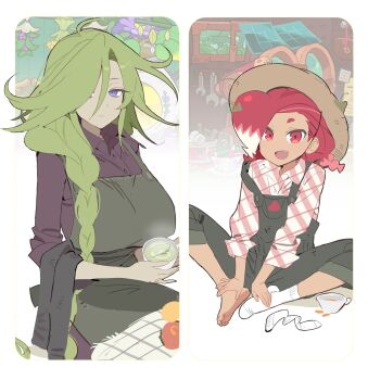 2girls age_difference ahoge ankle_socks apron bad_id bad_twitter_id black_overalls border braid braided_ponytail breasts brown_hat butterfly_sitting collared_shirt colored_tips commentary cookie_run cookie_run:_witch's_castle cowboy_shot cup expressionless fang flower food fruit full_body gradient_background green_apron green_hair hair_behind_ear hair_over_one_eye hands_on_own_feet hat highres holding holding_cup humanization indoors knees_out_of_frame large_breasts leaf long_hair long_sleeves looking_at_another looking_at_viewer low_twin_braids medium_hair multicolored_hair multiple_girls ohta_guk_hip one_eye_covered open_mouth outside_border overalls parted_lips plaid_clothes plaid_shirt purple_eyes purple_flower purple_shirt radish_cookie red_eyes red_hair red_shirt rosemary_cookie shirt siblings simple_background single_bare_foot single_braid single_sock sisters sitting socks steam symbol-only_commentary teacup three-quarter_sleeves tongue tsurime twin_braids two-tone_hair two-tone_shirt unworn_socks very_long_hair white_background white_border white_hair white_shirt white_socks window wrench