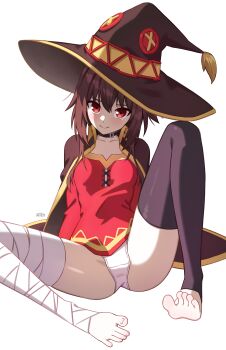 1girl absurdres artist_name bandaged_leg bandages belt_collar black_cape black_choker black_thighhighs breasts brown_hair cape choker closed_mouth collar commentary crotch_seam english_commentary hair_between_eyes hat highres huge_filesize kono_subarashii_sekai_ni_shukufuku_wo! loli looking_at_viewer megumin no_shoes paid_reward_available panties red_eyes red_shirt shirt simple_background single_thighhigh small_breasts smile solo spread_legs thighhighs toeless_legwear toes underwear white_background white_panties witch_hat x_xith_x