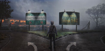 1other arrow_(symbol) artist_logo artist_name bag car city city_lights cityscape commentary crossover english_commentary english_text evgenij_kungur fire fog from_behind full_body grass great_knife grey_hoodie helmet highres holding holding_weapon hood hood_up hoodie horror_(theme) light_particles logo motor_vehicle object_head outdoors pants pyramid_head raised_curb resident_evil road road_sign shoulder_bag sign silent_hill_(series) standing tree umbrella_corporation_(logo) watermark weapon wreckage zombie