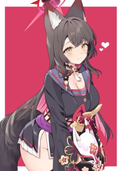 1girl animal_ear_fluff animal_ears black_gloves black_nails black_sailor_collar black_shirt blue_archive blush breasts brown_hair cleavage closed_mouth colored_inner_hair commentary_request fingerless_gloves fingernails floral_print_sleeves fox_ears fox_girl fox_mask fox_tail gloves halo heart highres holding holding_mask ichinomiya_(blantte) large_breasts long_hair looking_at_viewer mask miniskirt multicolored_hair nail_polish obi pink_hair purple_sash red_halo sailor_collar sailor_shirt sash shirt side_slit simple_background skirt smile solo tail textless_version thighs very_long_hair wakamo_(blue_archive) white_skirt yellow_eyes
