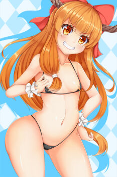 Rule 34 | >:d, 1girl, :d, argyle background, argyle clothes, bikini, blush, bow, breasts, collarbone, colored eyelashes, convenient censoring, daichi (tokoya), female focus, flashing, grin, hair censor, hair over breasts, hand on own hip, highres, horns, ibuki suika, large bow, lips, lipstick, looking at viewer, makeup, matching hair/eyes, micro bikini, navel, open mouth, orange eyes, orange hair, simple background, small breasts, smile, solo, standing, strap pull, swimsuit, tokoya, touhou, v-shaped eyebrows, wide hips, wrist cuffs