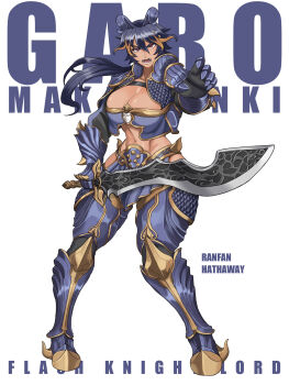 Rule 34 | 1girl, armor, breasts, cleavage, commentary request, copyright name, dark-skinned female, dark skin, full body, garo: makai senki, garo (tokusatsu series), genderswap, genderswap (mtf), highres, holding, holding sword, holding weapon, horns, jinri shijie, large breasts, low ponytail, midriff, mole, mole under eye, multicolored hair, open mouth, ponytail, ranfan, red eyes, rodo (garo), solo, sword, tokusatsu, two-tone hair, weapon, white background