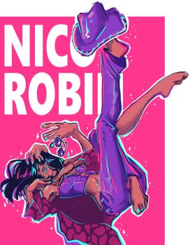 1girl absurdres aqua_nails black_hair character_name commentary cross-laced_clothes extra_arms extra_legs full_body hana_hana_no_mi hat highres light_smile long_hair lying nico_robin one_piece pants purple_hat purple_pants purple_shirt shirt simple_background smile solo wigglesdtuff