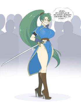 1boy alternate_breast_size_(larger) bare_legs breast_padding breasts cosplay covered_penis crossdressing crossdressing_(mtf) english_text fire_emblem fire_emblem:_the_blazing_blade full_body highres large_breasts lyn_(fire_emblem) lyn_(fire_emblem)_(cosplay) nintendo public_indecency sealguy solo_focus speech_bubble sword weapon