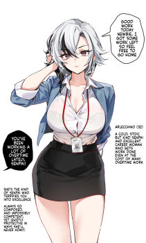 1girl arlecchino_(genshin_impact) black_eyes black_hair breasts cleavage english_text foxyreine genshin_impact highres large_breasts long_sleeves looking_at_viewer multicolored_hair office_lady shirt skirt solo speech_bubble streaked_hair symbol-shaped_pupils white_hair x-shaped_pupils