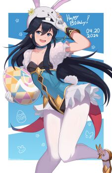 1girl :d absurdres animal_ears animal_hood azure_monarch blue_background blue_eyes blue_hair border brand_of_the_exalt breasts choker cleavage collarbone dated easter_egg egg fake_animal_ears fake_tail fire_emblem fire_emblem_awakening fire_emblem_heroes gloves hair_between_eyes happy_birthday highres holding holding_egg hood looking_at_viewer lucina_(fire_emblem) lucina_(spring_exalt)_(fire_emblem) nintendo official_alternate_costume open_mouth outside_border pantyhose rabbit_ears rabbit_hood rabbit_tail see-through_clothes see-through_sleeves short_sleeves small_breasts smile solo symbol_in_eye tail teeth thighs upper_teeth_only v white_border white_gloves white_pantyhose