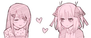 2girls blush butterfly_hair_ornament closed_mouth embarrassed go-toubun_no_hanayome hair_ornament haruba_negi heart_(symbol) highres jacket long_hair looking_at_another multiple_girls nakano_nino official_art one_eye_closed pink_hair school_uniform sentai_daishikkaku shirt simple_background smile usukubo_angel white_background white_shirt