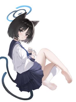 1girl absurdres animal_ears black_choker black_hair black_sailor_collar black_skirt blue_archive blue_halo blue_neckerchief blue_string breasts cat_ears cat_girl cat_tail choker closed_mouth commentary feet from_side full_body gradient_tail halo highres holding holding_string kikyou_(blue_archive) knee_up kneehighs long_sleeves looking_at_viewer multiple_tails neckerchief no_shoes plantar_flexion pleated_skirt puffy_long_sleeves puffy_sleeves sailor_collar school_uniform serafuku shirt short_hair simple_background single_bare_foot single_kneehigh single_sock sitting skirt socks soles solo string tail toes turning_head two_tails white_background white_shirt white_socks xiaoxiaoyifan
