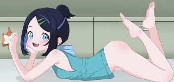 1girl :d aqua_shirt ass barefoot blue_eyes blue_hair bottomless breasts feet female_focus full_body gen_4_pokemon hair_ornament hairclip highres hood hoodie indoors liko_(pokemon) loli looking_at_viewer lying medium_hair multicolored_hair nintendo on_floor on_stomach open_mouth pokemon pokemon_(anime) pokemon_horizons rotom rotom_phone rpca shirt sidelocks sleeveless sleeveless_hoodie small_breasts smile solo teeth the_pose topknot two-tone_hair upper_teeth_only