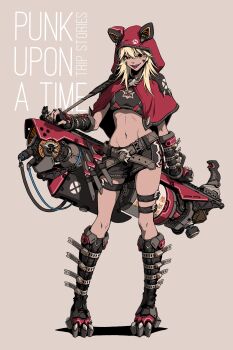 1girl absurdres blonde_hair boots brown_background capelet commentary_request cyberpunk english_text fingerless_gloves full_body gloves highres hood hood_up hooded_capelet huge_weapon little_red_riding_hood_(fairy_tale) little_red_riding_hood_(fairy_tale_character) midriff navel orange_eyes original red_capelet solo standing tongue tongue_out user_ujsh8484 weapon