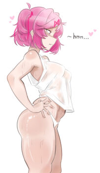 1girl abs absurdres ahoge armpits bare_shoulders blush bob_cut breasts closed_mouth commentary crop_top crop_top_overhang cropped_shirt doki_doki_literature_club emiillb english_commentary fang feet_out_of_frame from_side hair_intakes hair_ornament hair_ribbon hands_on_own_hips heart highres looking_ahead medium_breasts muscular muscular_female narrowed_eyes natsuki_(doki_doki_literature_club) no_bra nose_blush panties pink_eyes pink_hair pink_ribbon ribbon shiny_skin short_eyebrows short_hair shoulder_blush simple_background skin_fang skindentation standing sweat swept_bangs tank_top thick_eyebrows two_side_up underwear very_sweaty white_background white_panties white_tank_top x_hair_ornament
